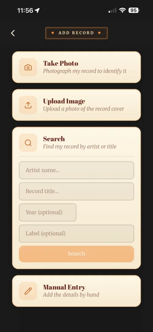 The Add Record screen in Vinyl Crate Space.