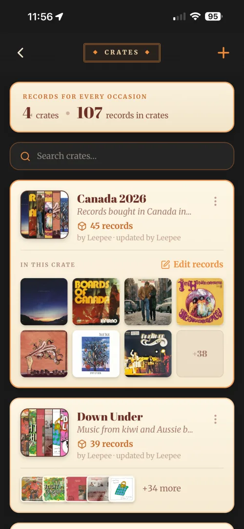 The Crates screen in Vinyl Crate Space.