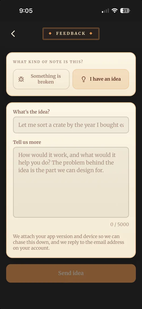 The Feedback screen with I have an idea picked, showing the What's the idea and Tell us more fields.