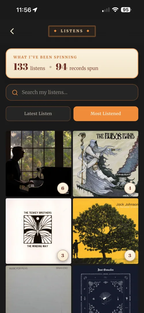 The Listens screen in Vinyl Crate Space.