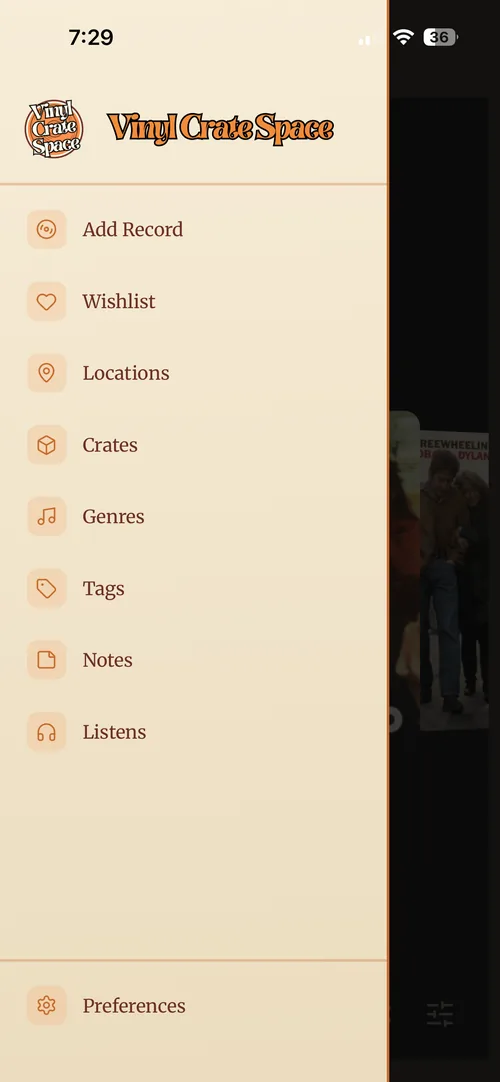 The navigation drawer in Vinyl Crate Space, open over the collection.