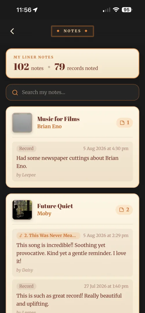The Notes screen in Vinyl Crate Space.