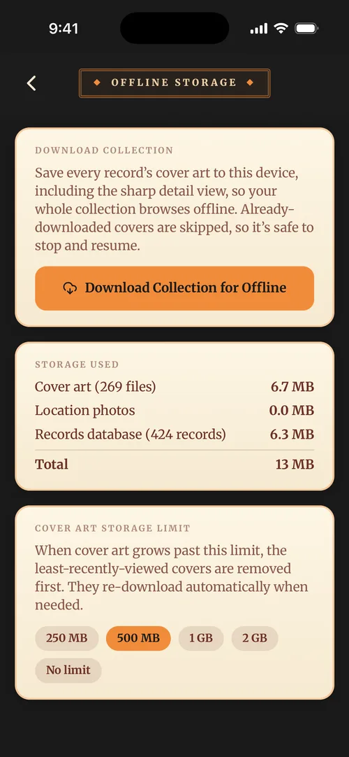 The Offline Storage screen in Vinyl Crate Space.