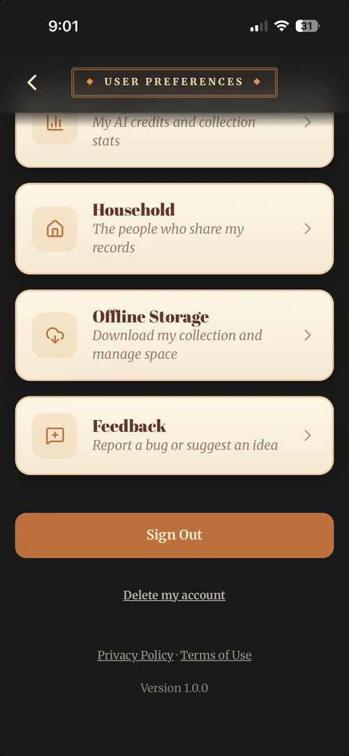 The foot of the User Preferences screen in Vinyl Crate Space.
