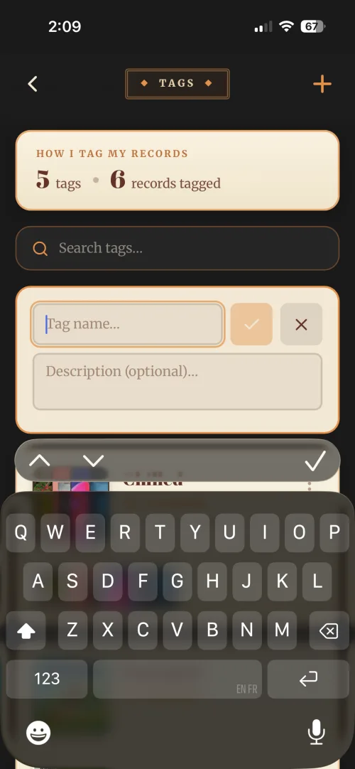 Naming a new tag in Vinyl Crate Space, with a name field and an optional description.