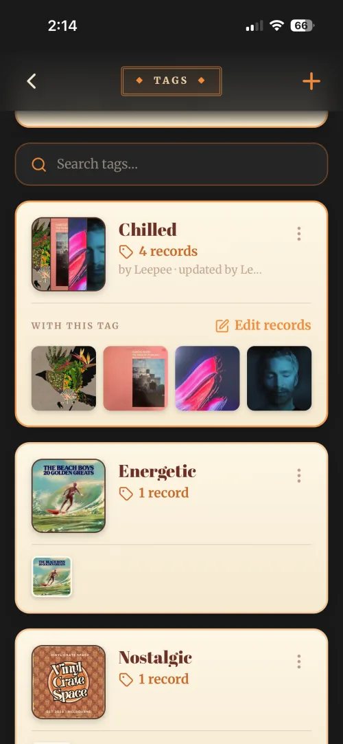 The Tags screen in Vinyl Crate Space, a tag opened to show its records and Edit records.