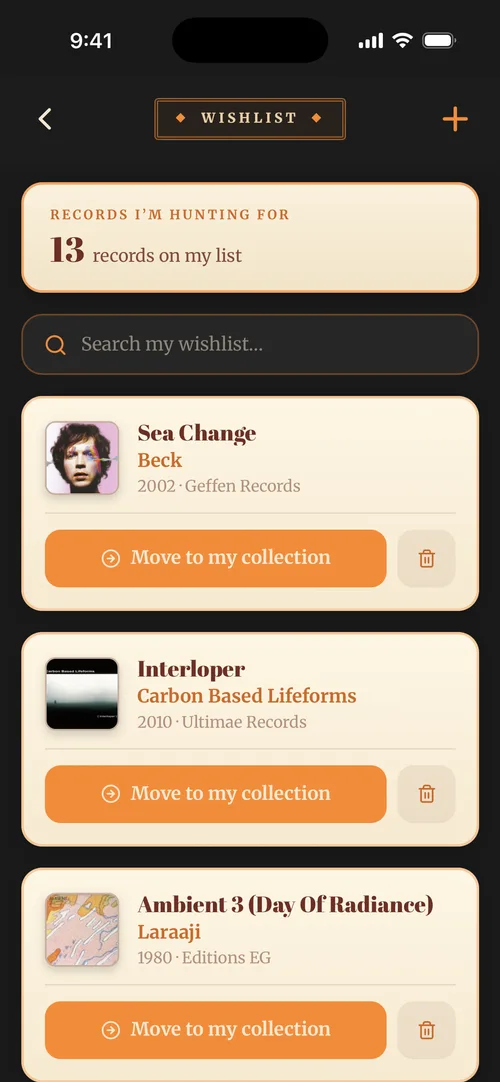The Wishlist screen in Vinyl Crate Space.